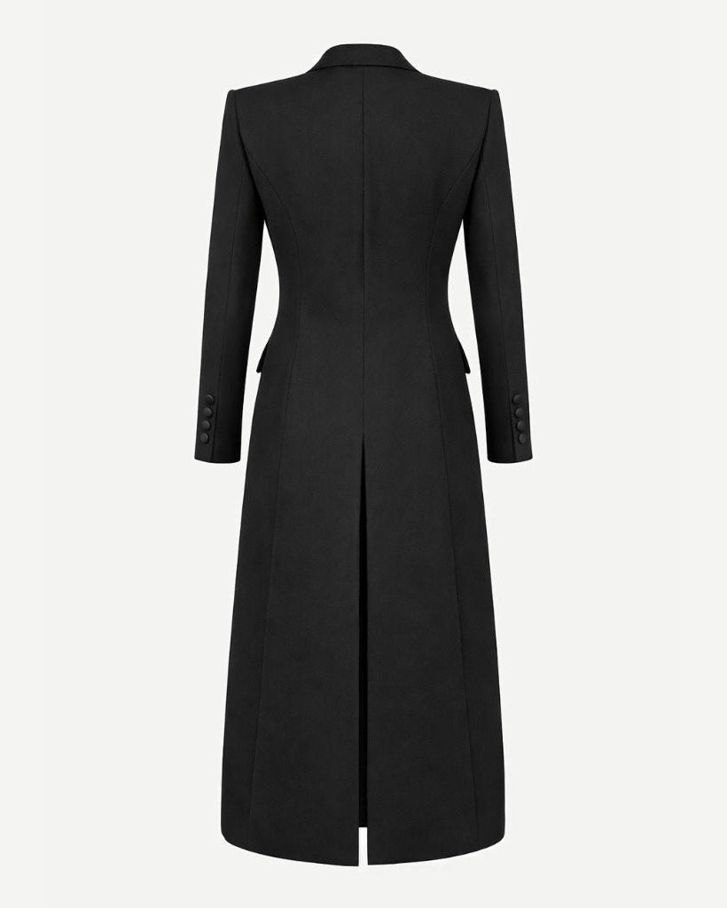Tailory black full-length tuxedo coat back view