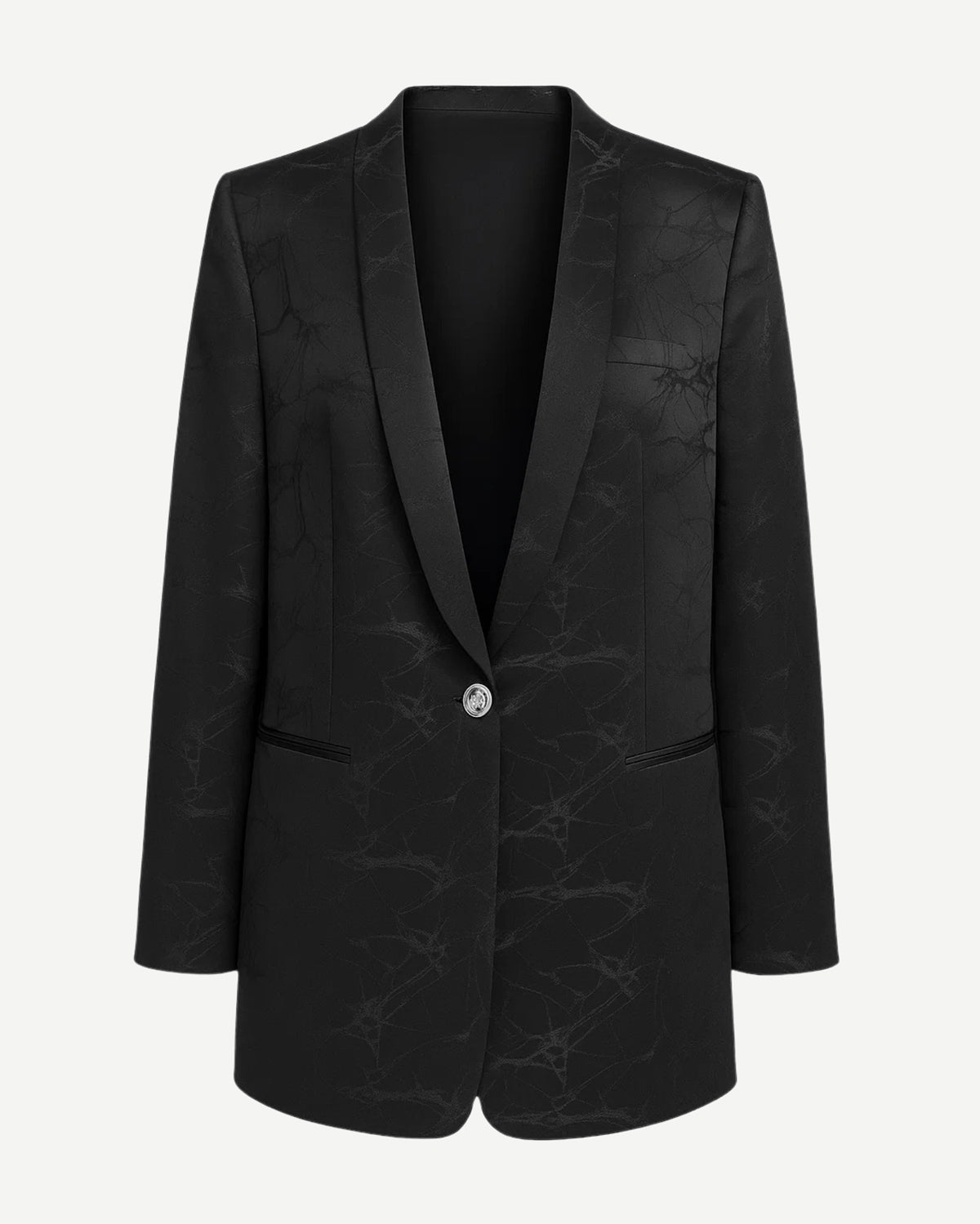 Black blazer with subtle pattern on a white background