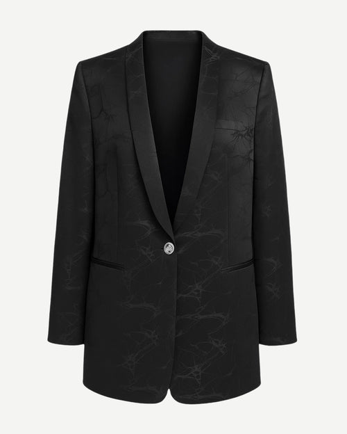 Black blazer with subtle pattern on a white background