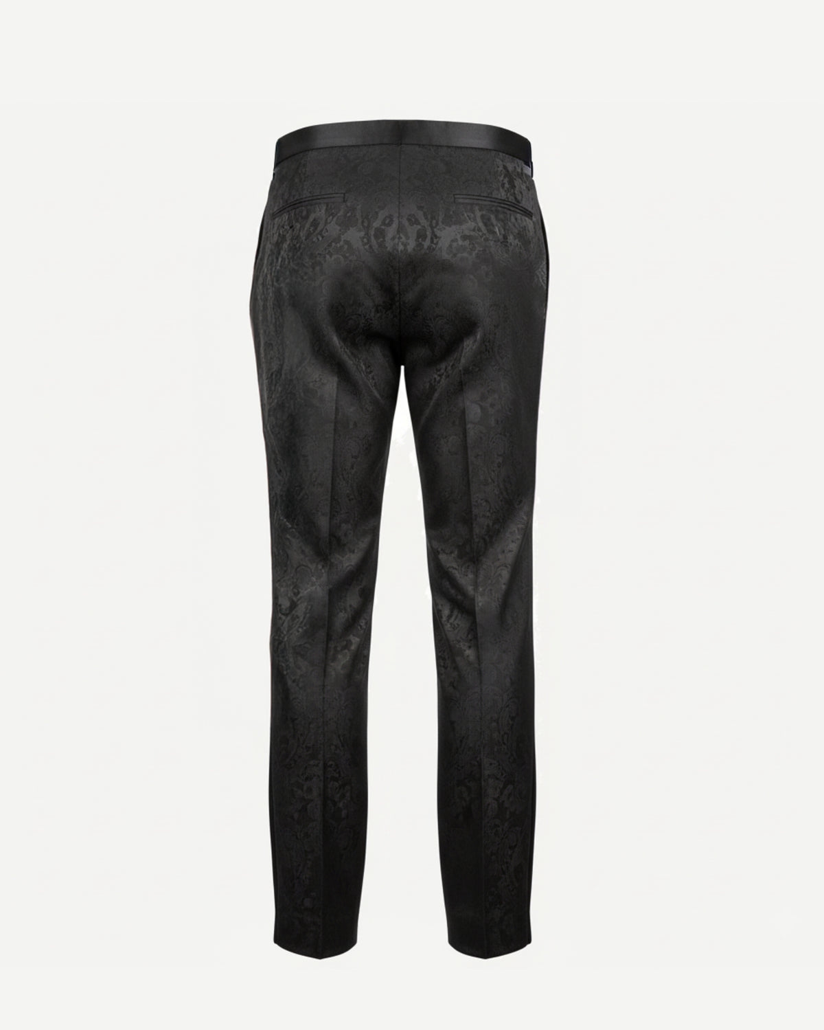 Tailory black brocade tailored trouser back view with clean waistband finish