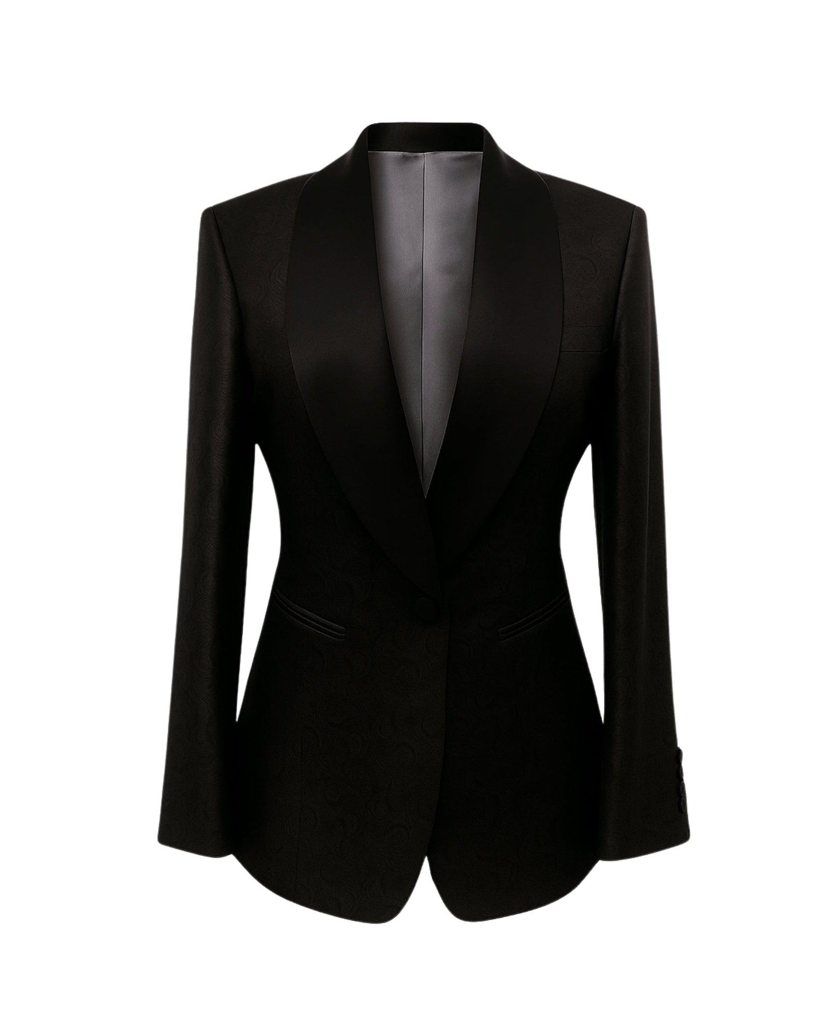Black Jacquard Tuxedo Jacket Formal Evening Blazer with a tailored silhouette, sleek satin shawl collar, single button closure, and finely textured fabric for sophisticated formal evening wear.