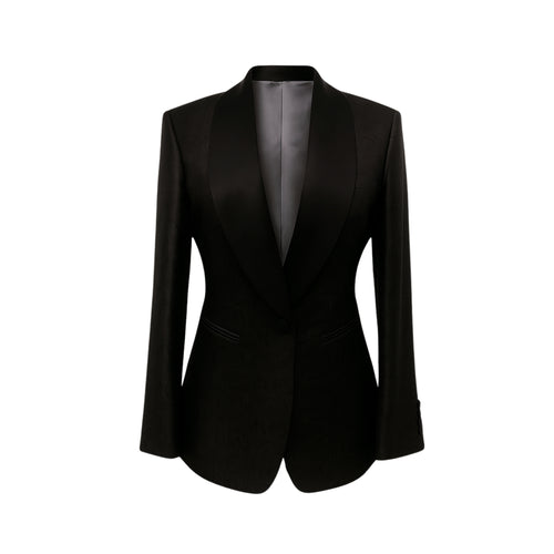 Black Jacquard Tuxedo Jacket Formal Evening Blazer with a tailored silhouette, sleek satin shawl collar, single button closure, and finely textured fabric for sophisticated formal evening wear.