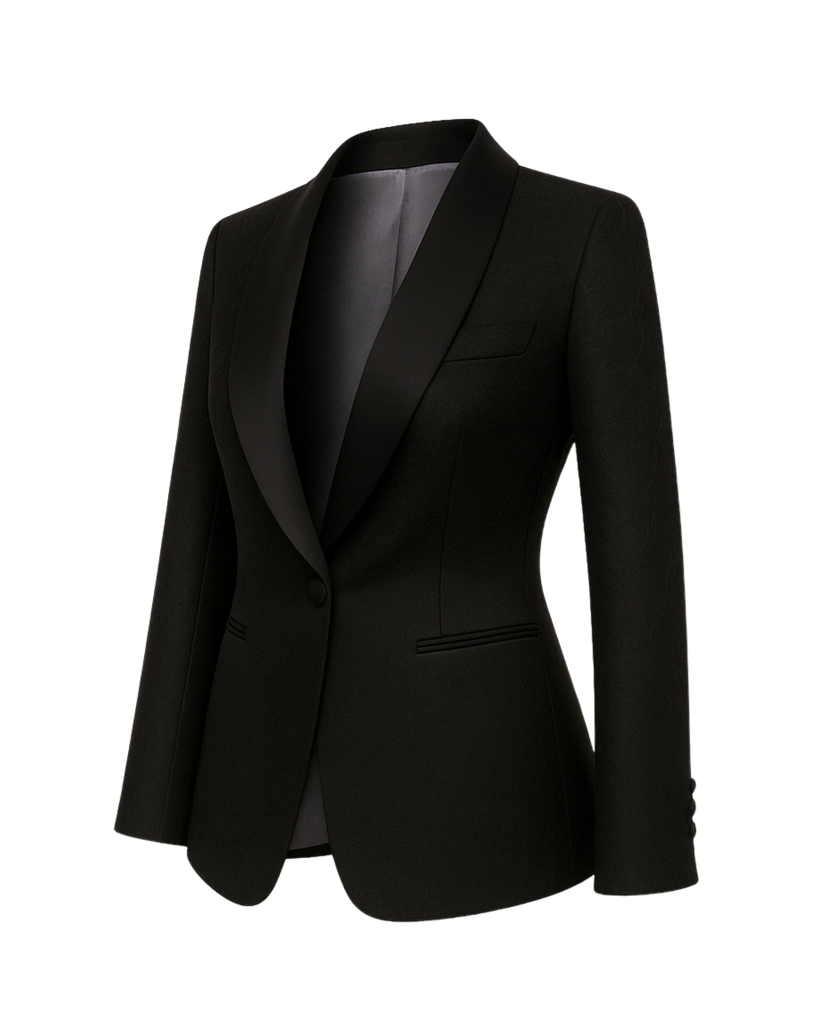 Black Jacquard Tuxedo Jacket Formal Evening Blazer featuring a tailored fit, sleek satin lapels, single-button closure, and subtle jacquard texture for elegant formal eveningwear.