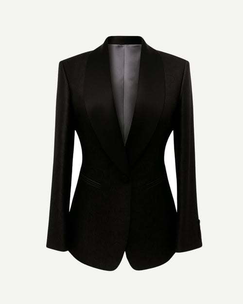 Black Jacquard Tuxedo Jacket Formal Evening Blazer with a tailored silhouette, sleek satin shawl collar, single button closure, and finely textured fabric for sophisticated formal evening wear.