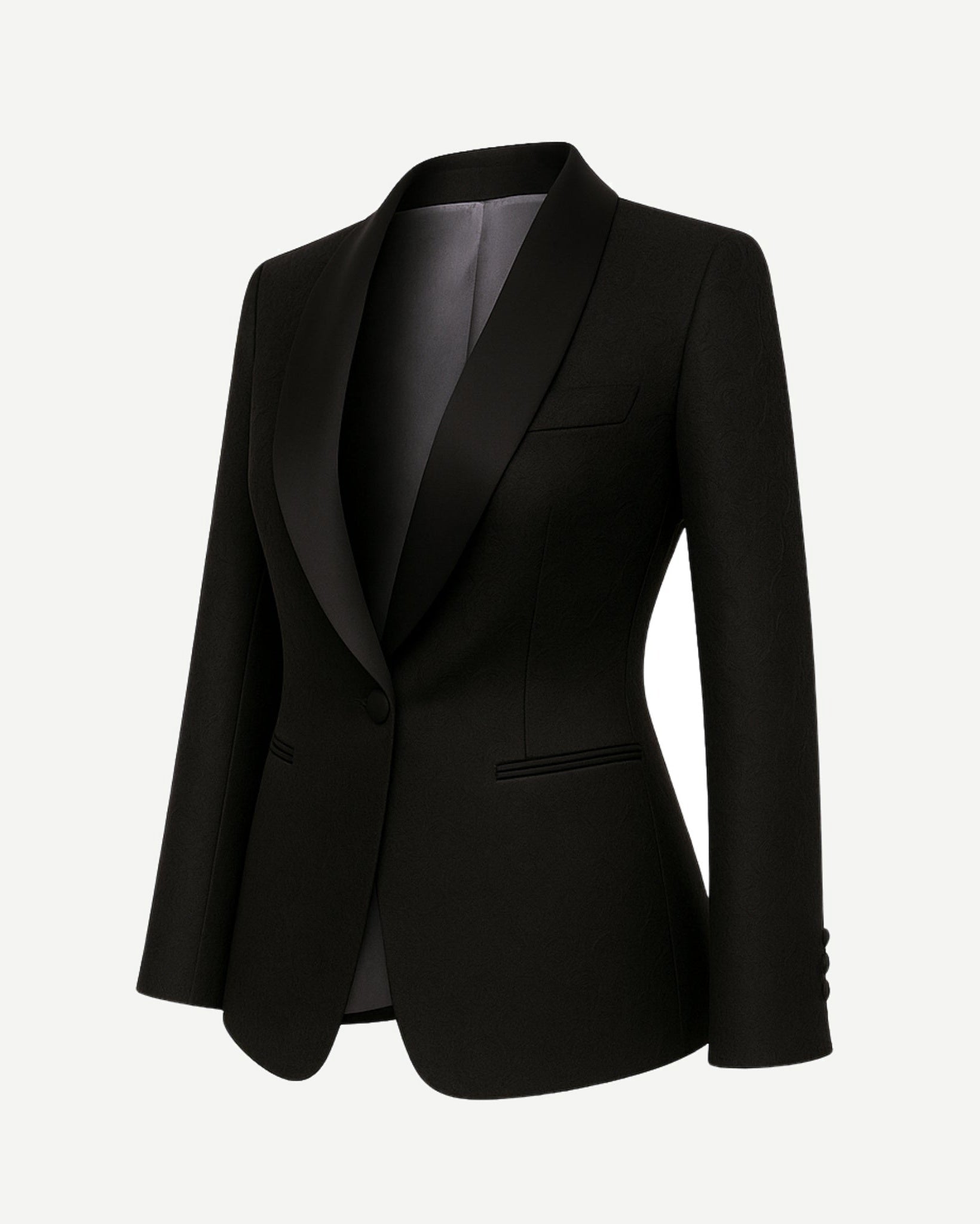 Black Jacquard Tuxedo Jacket Formal Evening Blazer featuring a tailored fit, sleek satin lapels, single-button closure, and subtle jacquard texture for elegant formal eveningwear.