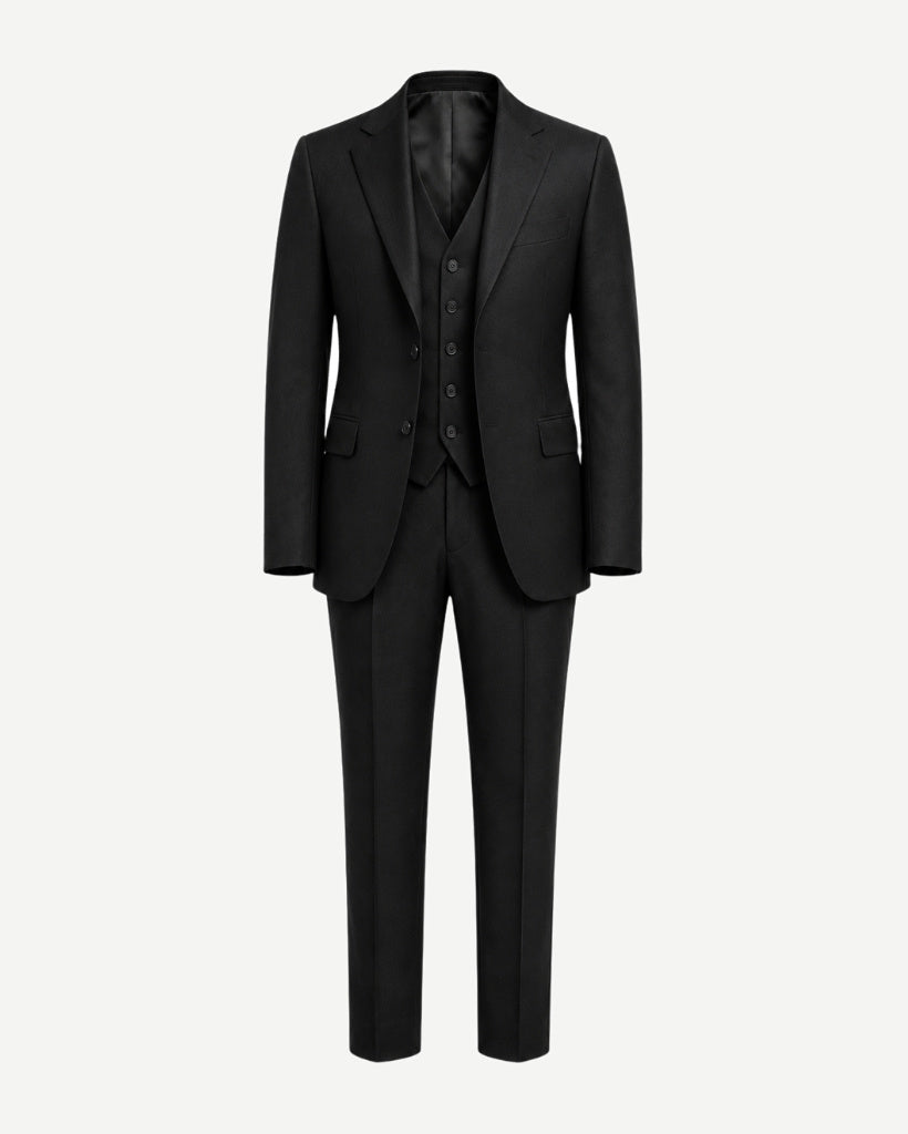 Black Loro Piana three-piece suit front view