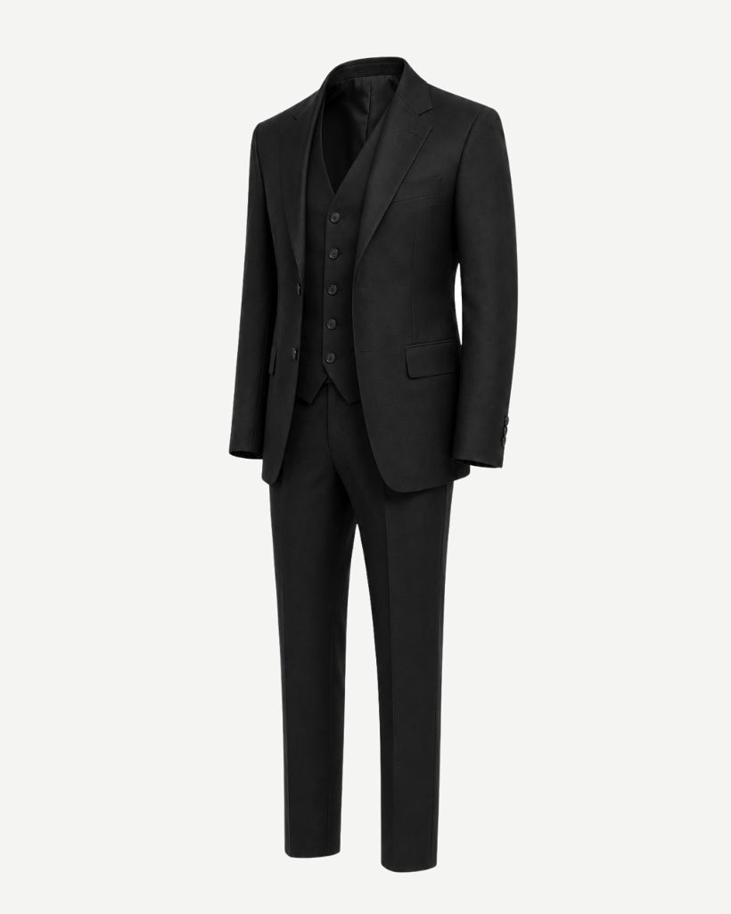 Black Loro Piana three-piece suit side view