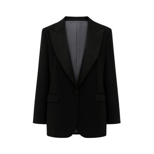 Black Oversized Tuxedo Jacket Exaggerated Peak Lapel Blazer featuring an oversized fit, bold peak lapels in satin, single-button closure, flap pockets, and smooth interior lining for striking formalwear.