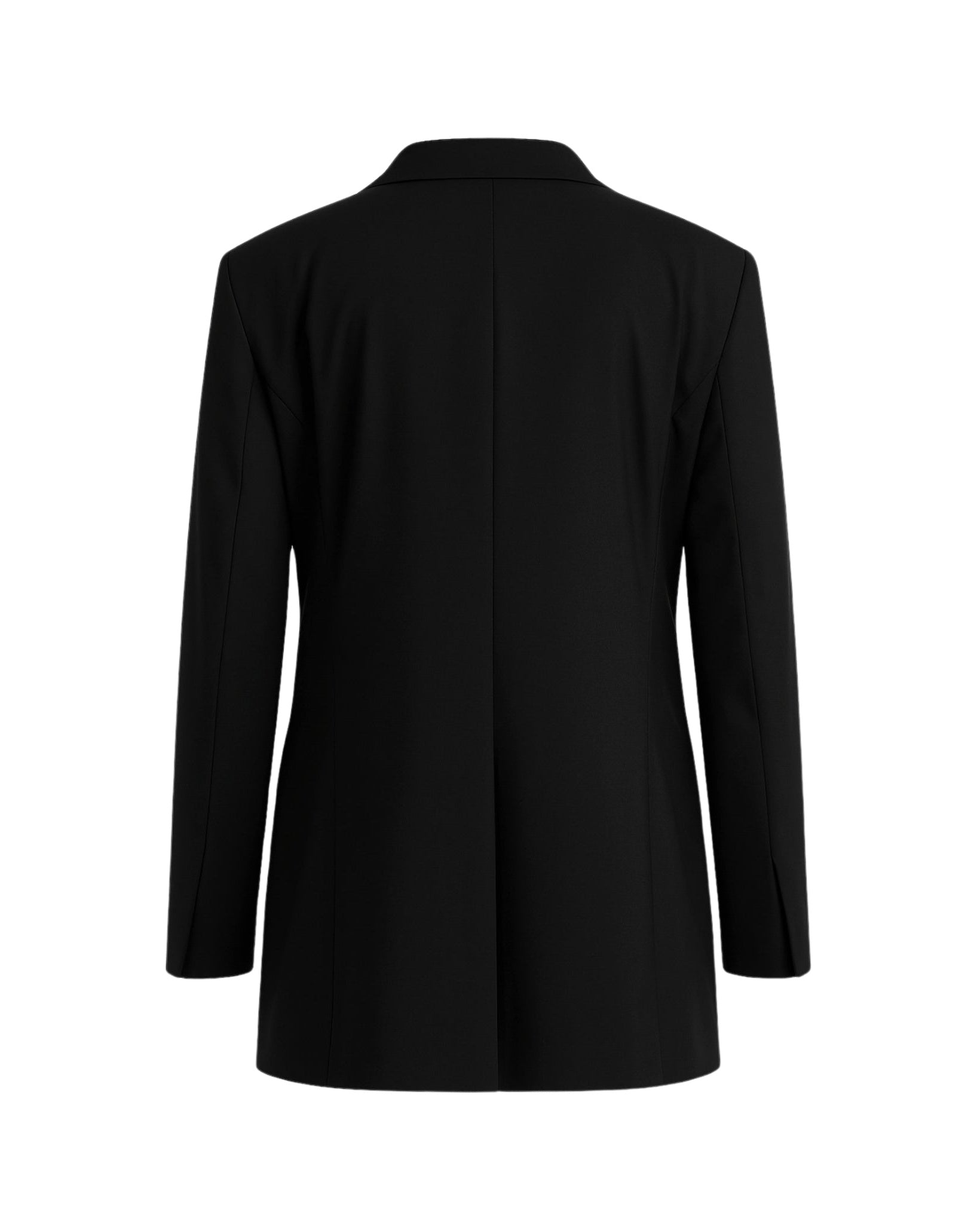 Black Oversized Tuxedo Jacket Exaggerated Peak Lapel Blazer shown from the back, featuring an oversized silhouette with clean lines, long sleeves, and a structured design for refined formalwear.