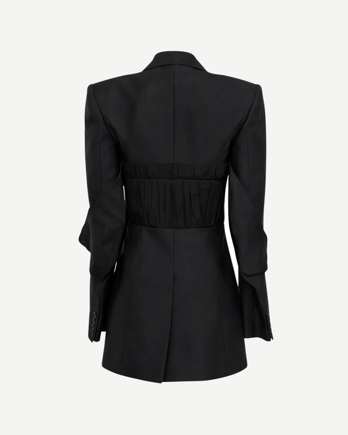 Tailory black structured blazer with gathered sleeve detail back view