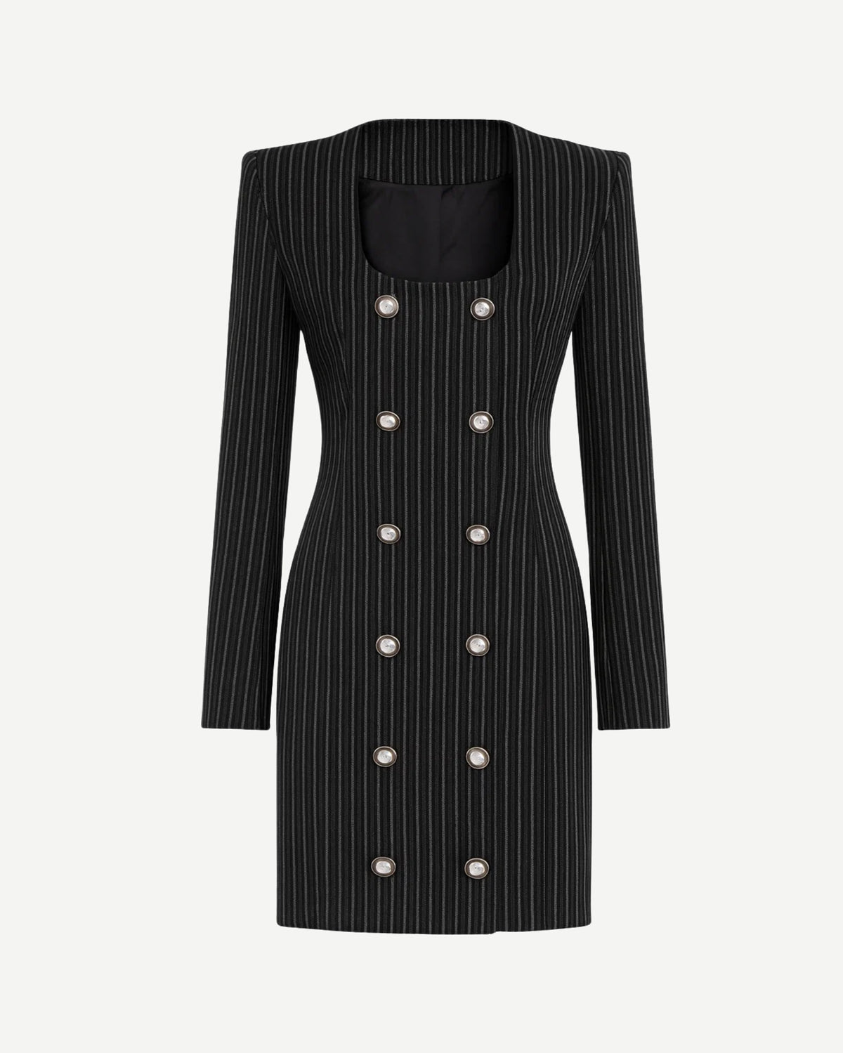 Tailory black pinstripe double-breasted blazer dress front view