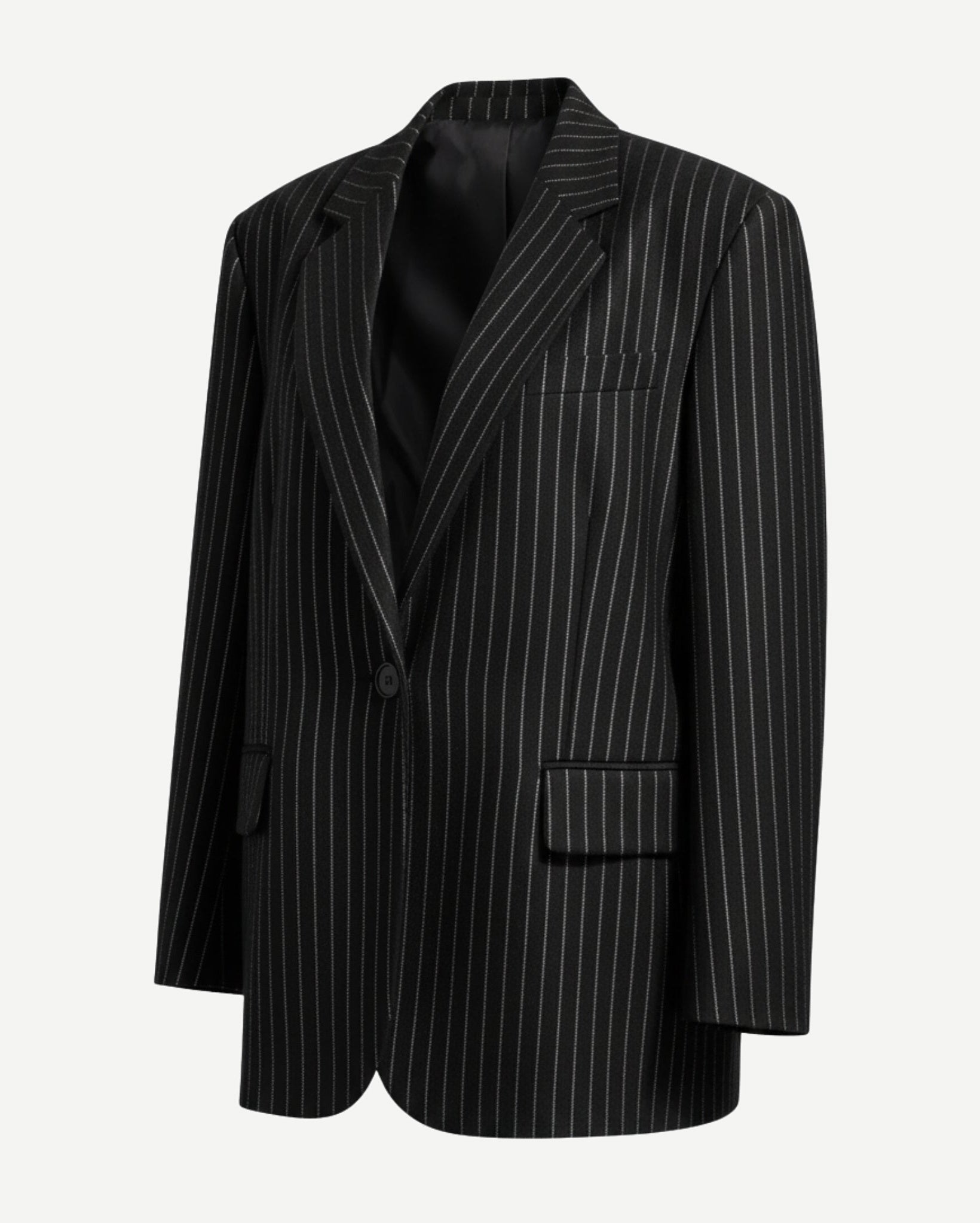 Tailory black white pinstripe oversized blazer side view
