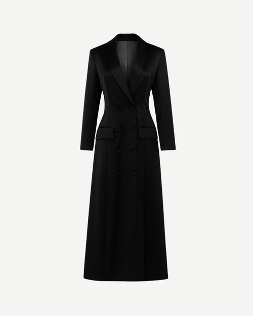 Black Satin Blazer Dress Formal Double Breasted Coat featuring a long tailored silhouette, satin peak lapels, double-breasted button closure, flap pockets, and fitted long sleeves for sophisticated eveningwear.