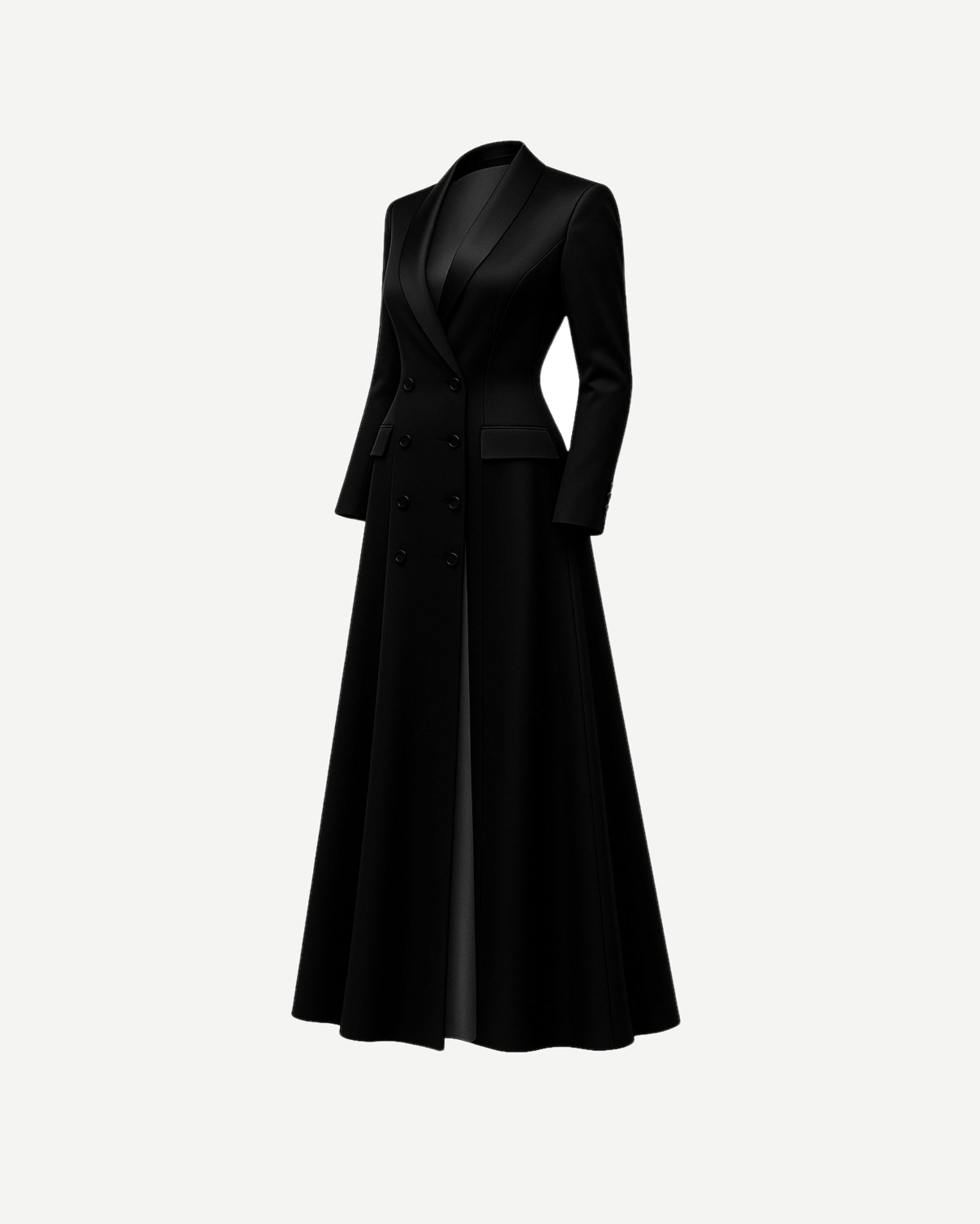 Black Satin Blazer Dress Formal Double Breasted Coat featuring a fitted bodice with satin peak lapels, double-breasted button closure, and a flowing full-length skirt for elegant eveningwear.