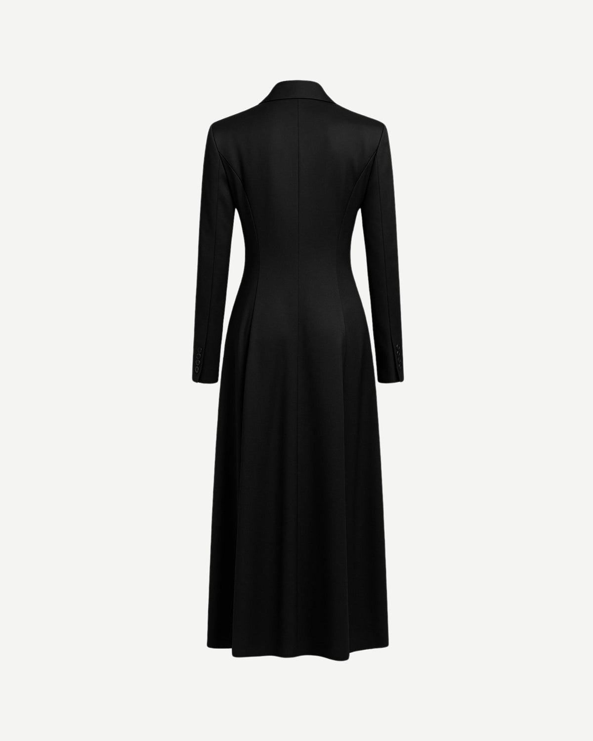 Black Satin Blazer Dress Formal Double Breasted Coat shown from the back, featuring a long, flowing silhouette with a fitted waist, tailored shoulders, and structured long sleeves for elegant formalwear.