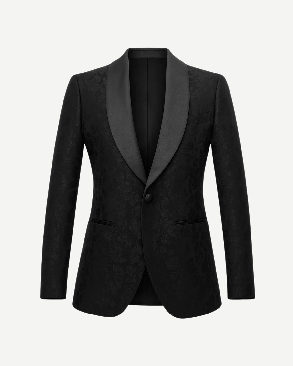 Tailory black satin shawl lapel tuxedo jacket front view