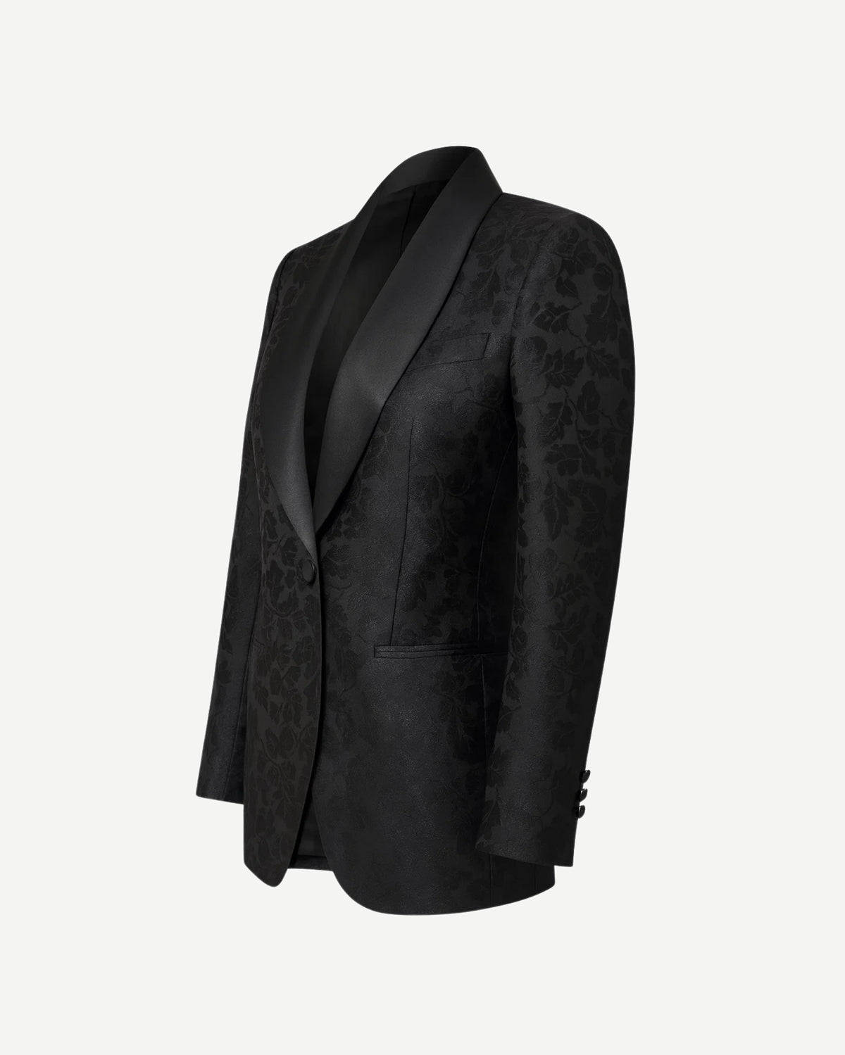 Tailory black satin shawl lapel tuxedo jacket side view
