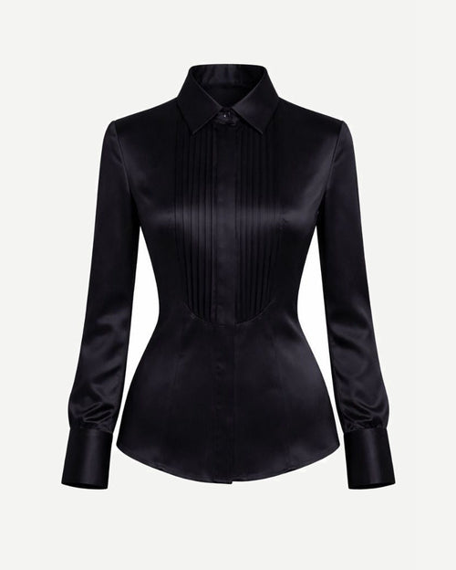 Tailory black silk charmeuse tuxedo shirt front view