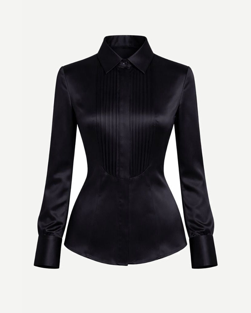 Tailory black silk charmeuse tuxedo shirt front view