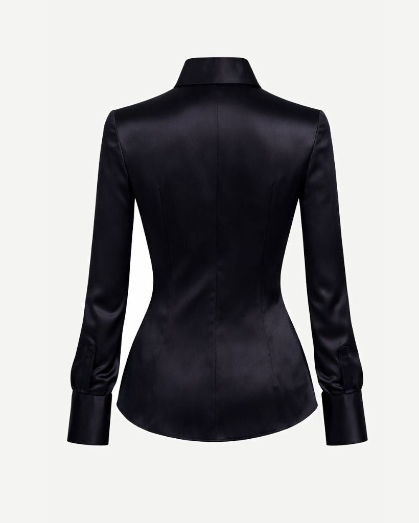 Tailory black silk charmeuse tailored tuxedo shirt back view
