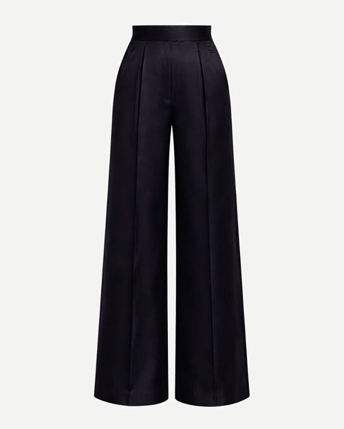 Tailory black silk satin wide-leg trousers front view