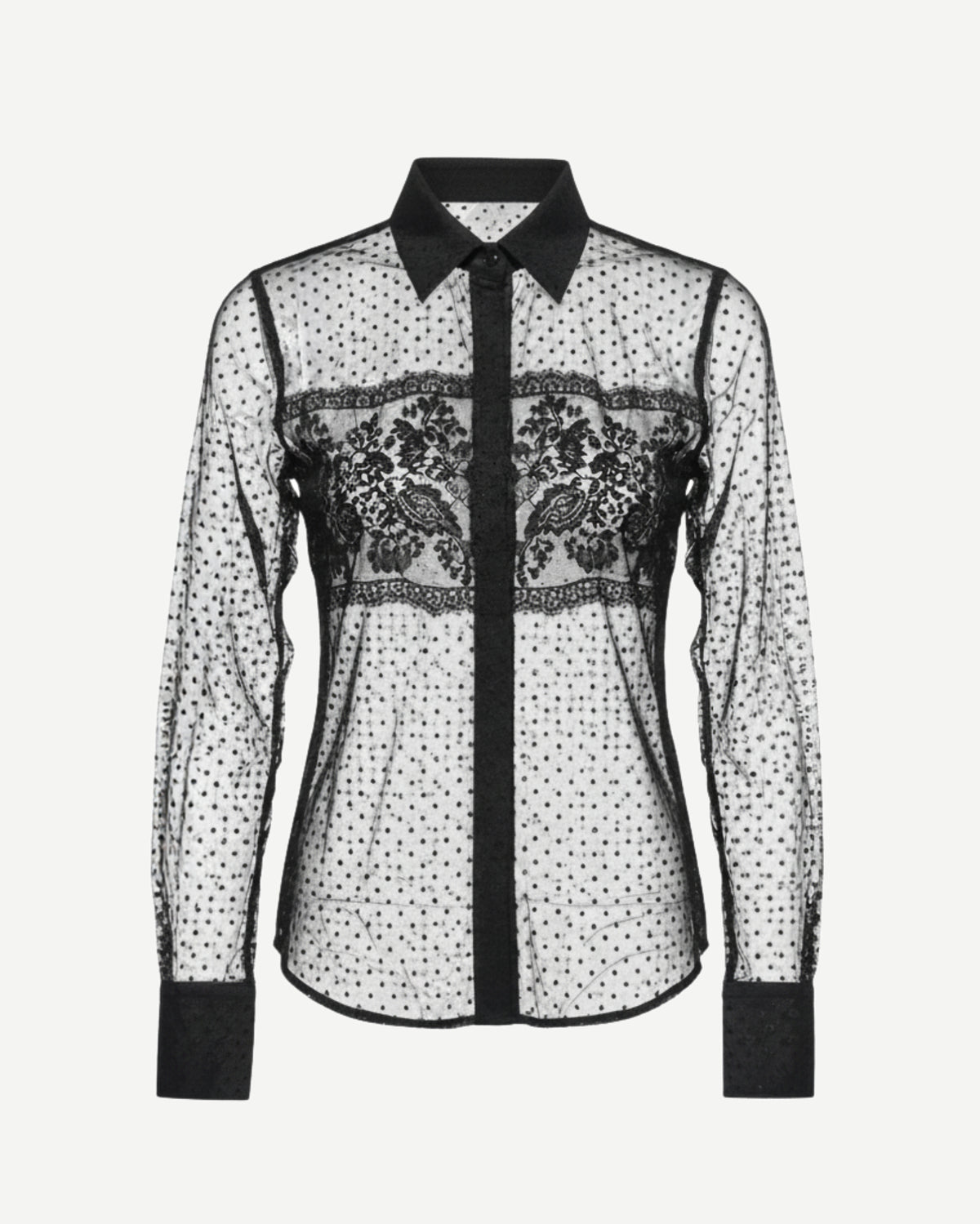 Tailory black silk tulle lace panel shirt front view