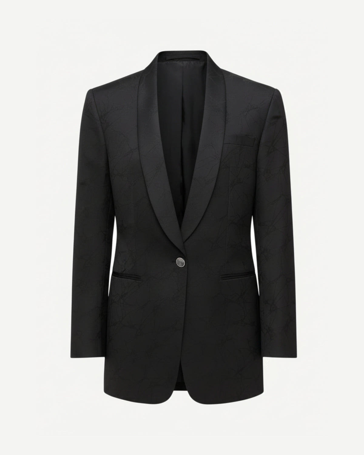 Tailory black spiderweb jacquard tuxedo coat with satin shawl collar front view