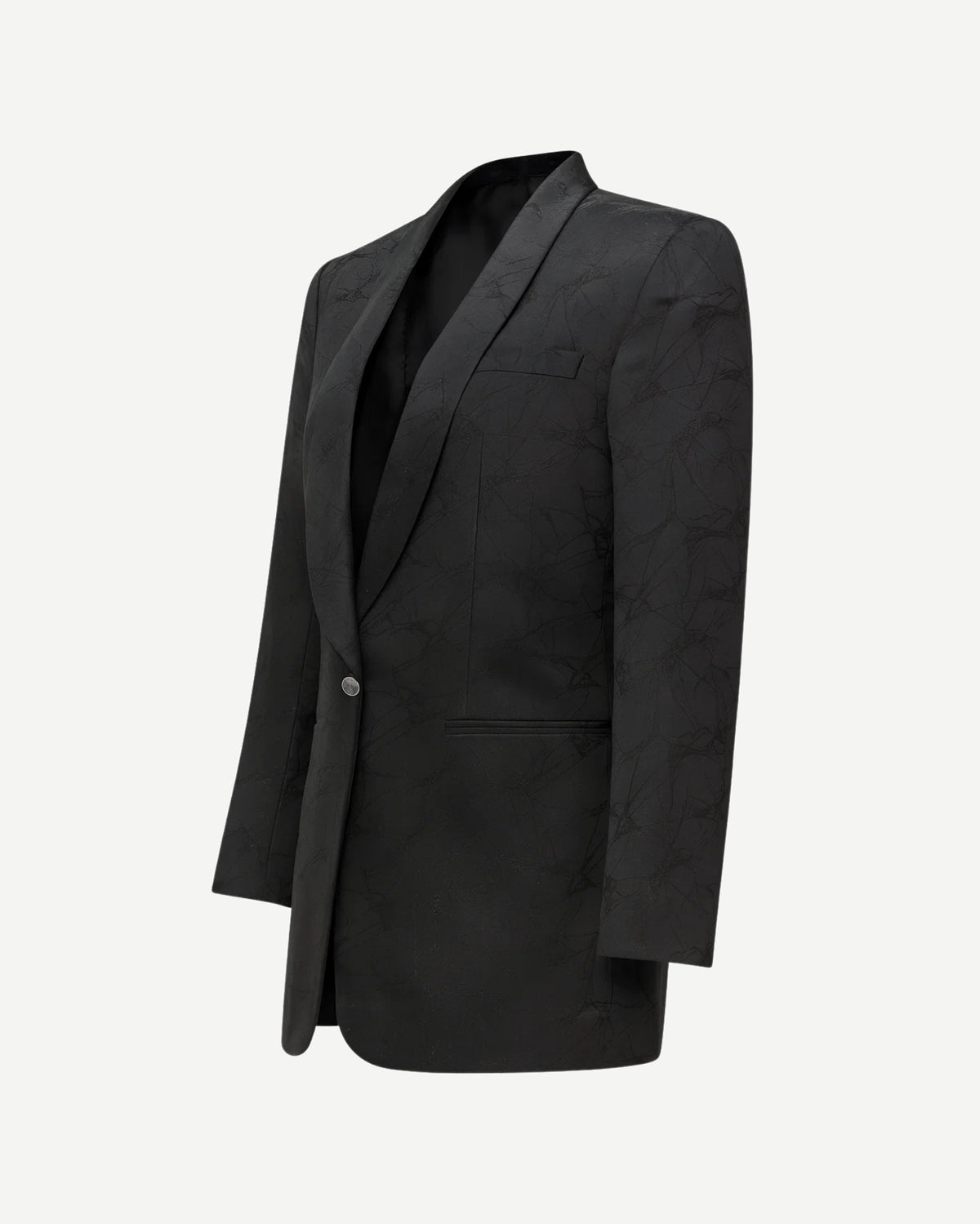 Tailory black spiderweb jacquard tuxedo coat satin shawl collar side view