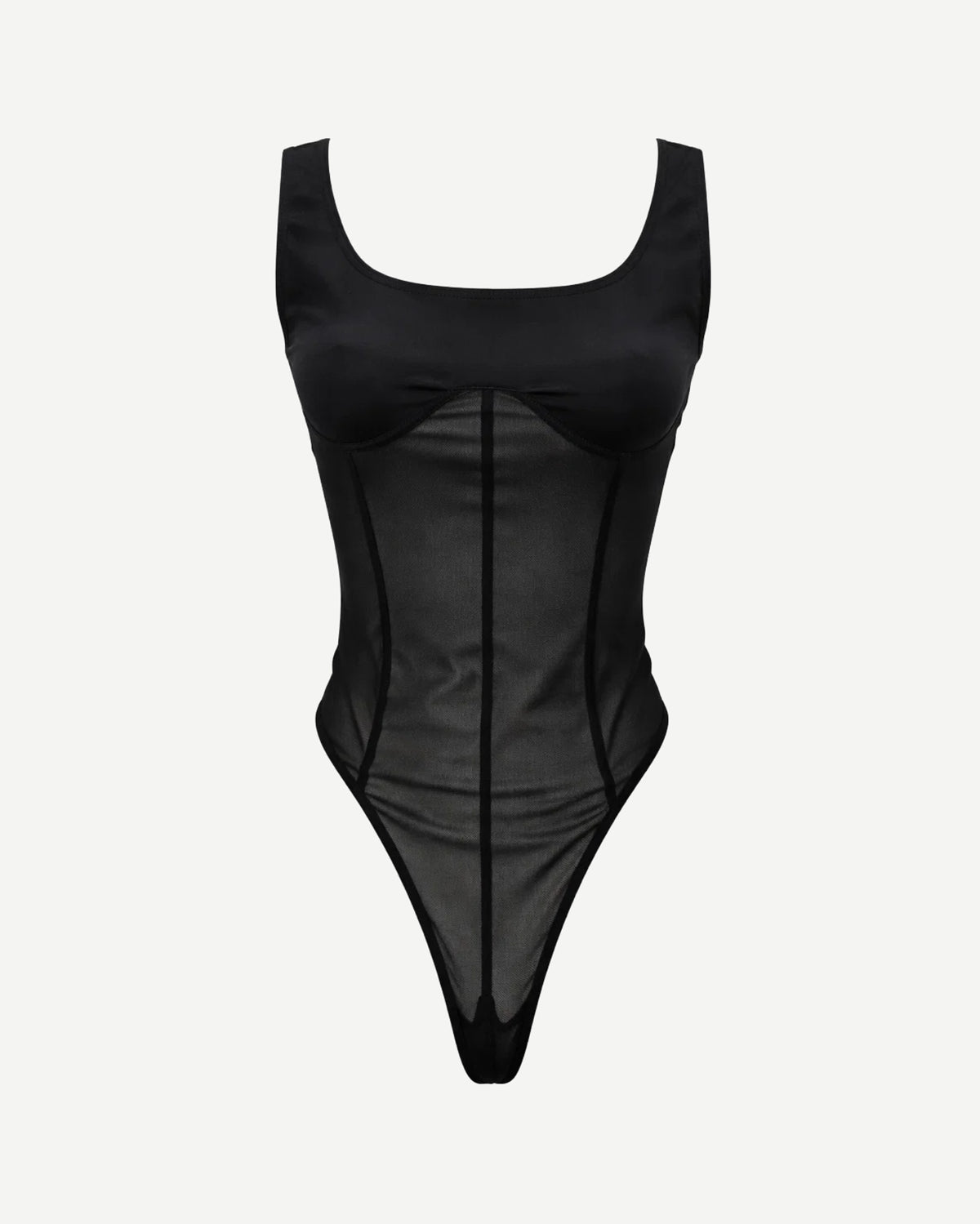 Tailory black structured bodysuit with sheer panels front view