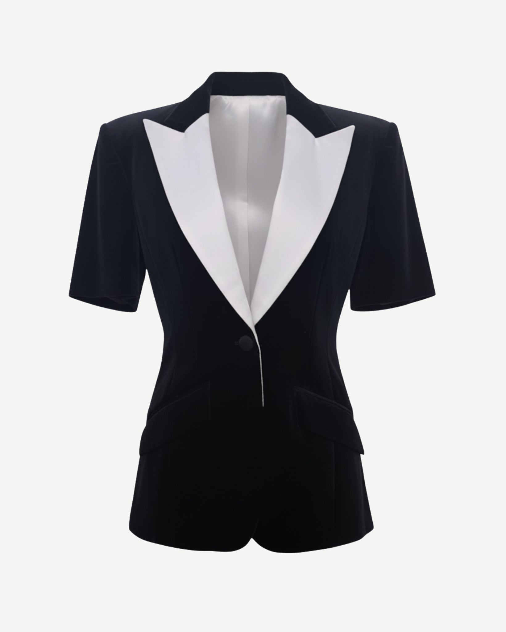 Tailory black contrast-lapel cropped-sleeve tuxedo blazer front view