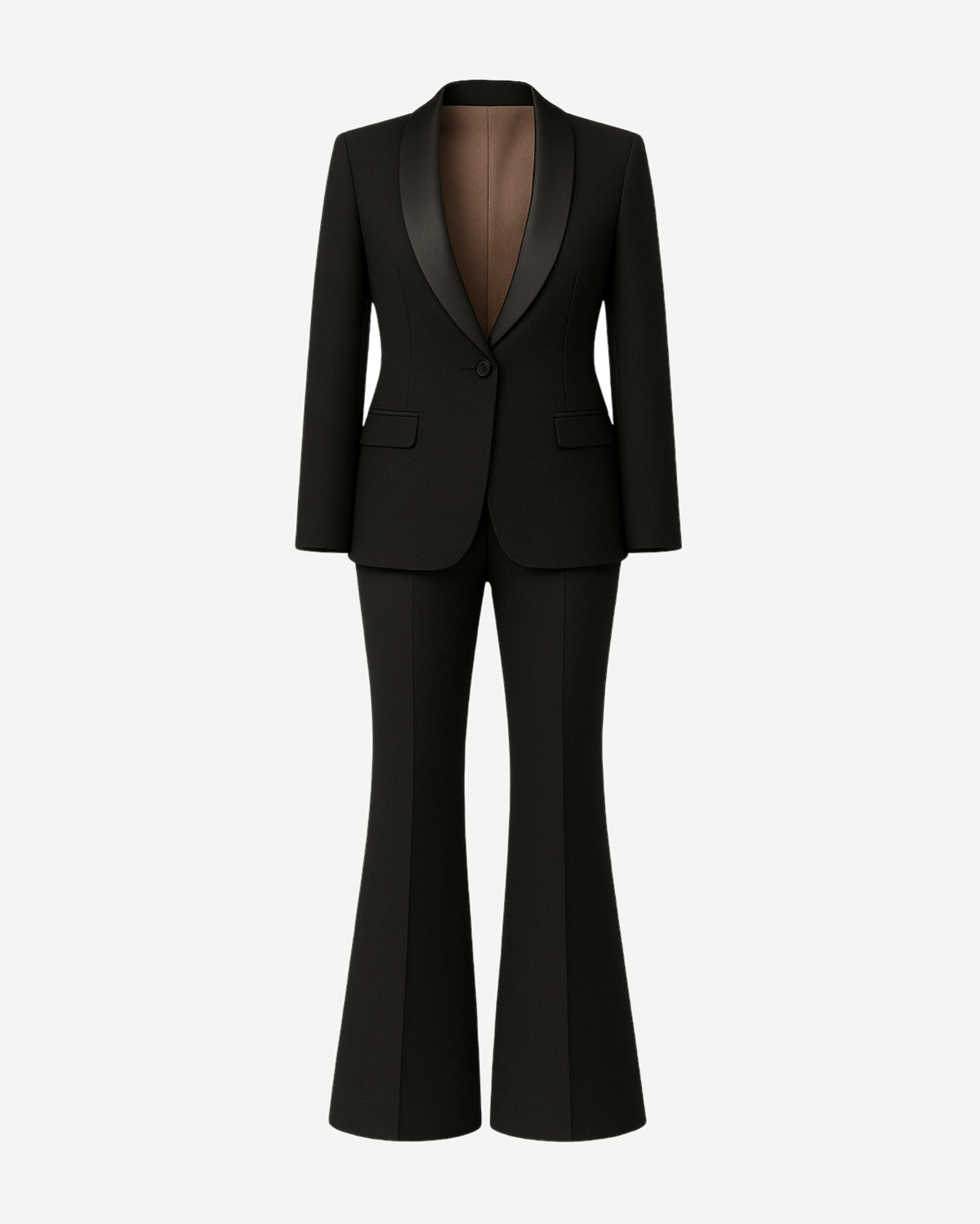 Tailory black formal tuxedo suit with satin shawl lapels front view