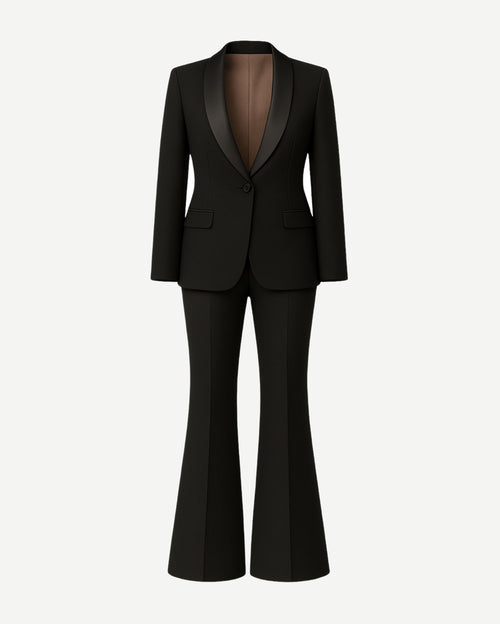 Tailory black formal tuxedo suit with satin shawl lapels front view