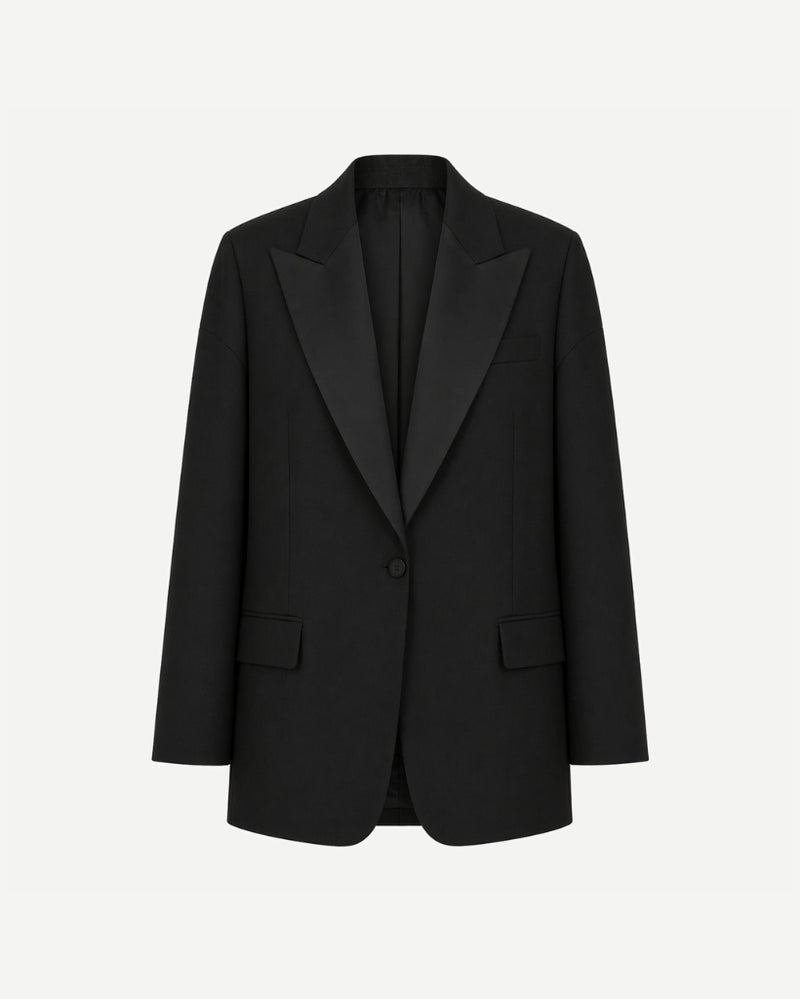 Tailory black tuxedo blazer satin peak lapel front view.