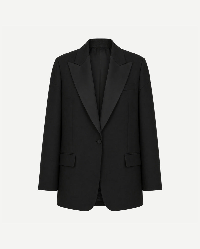 Tailory black tuxedo blazer satin peak lapel front view.