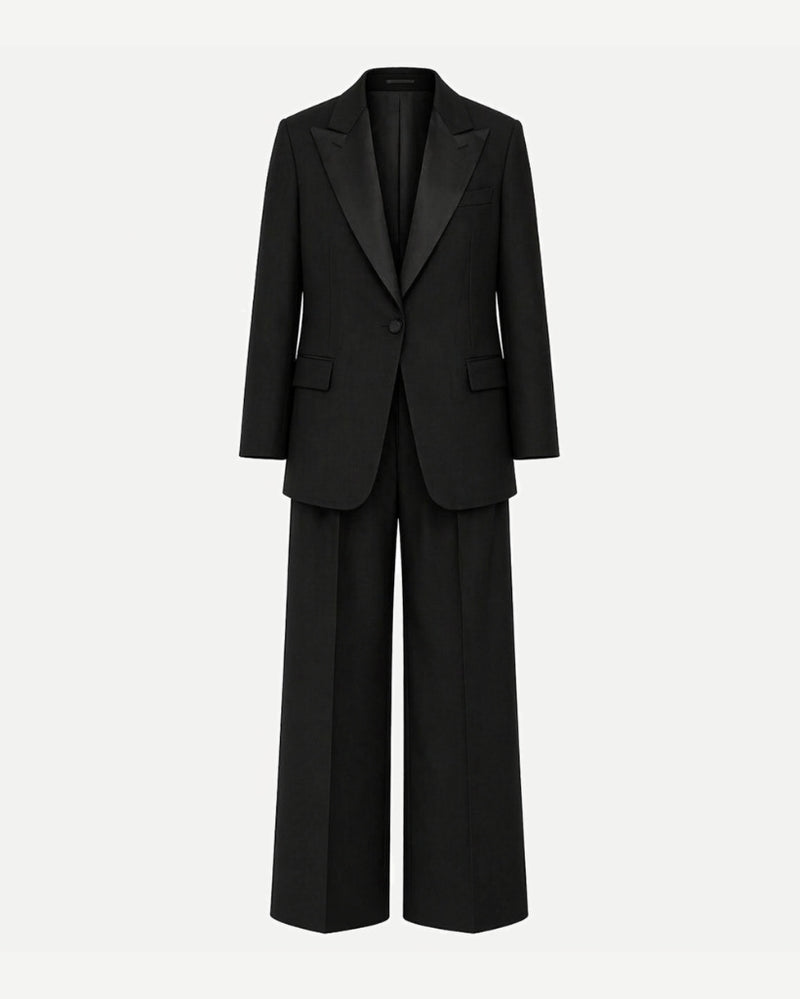 Tailory black tuxedo suit satin peak lapel front view