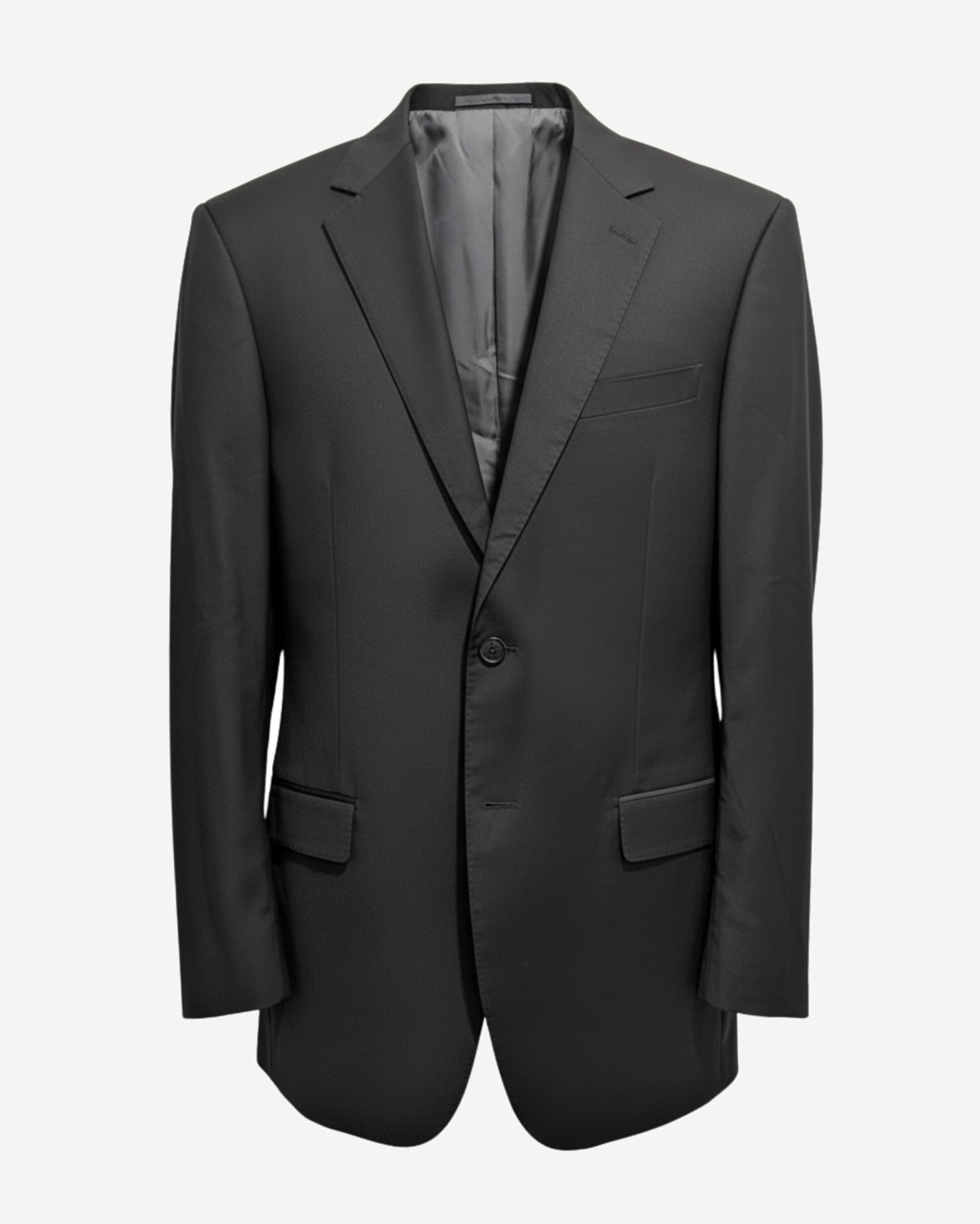 Black Two Button Jacket in a sleek, smooth fabric with classic notch lapels, flap pockets, and a tailored silhouette offering refined, versatile formalwear for modern suiting.