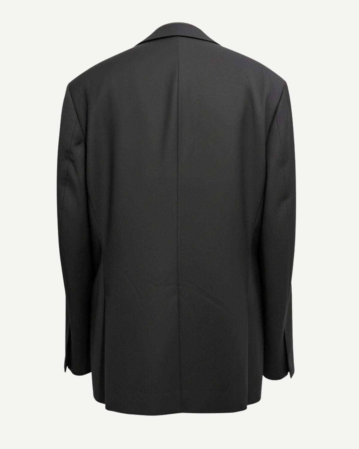 Back view of Black Two Button Jacket crafted in smooth fabric with a clean, tailored structure, featuring classic long sleeves and a subtle center vent for refined silhouette.