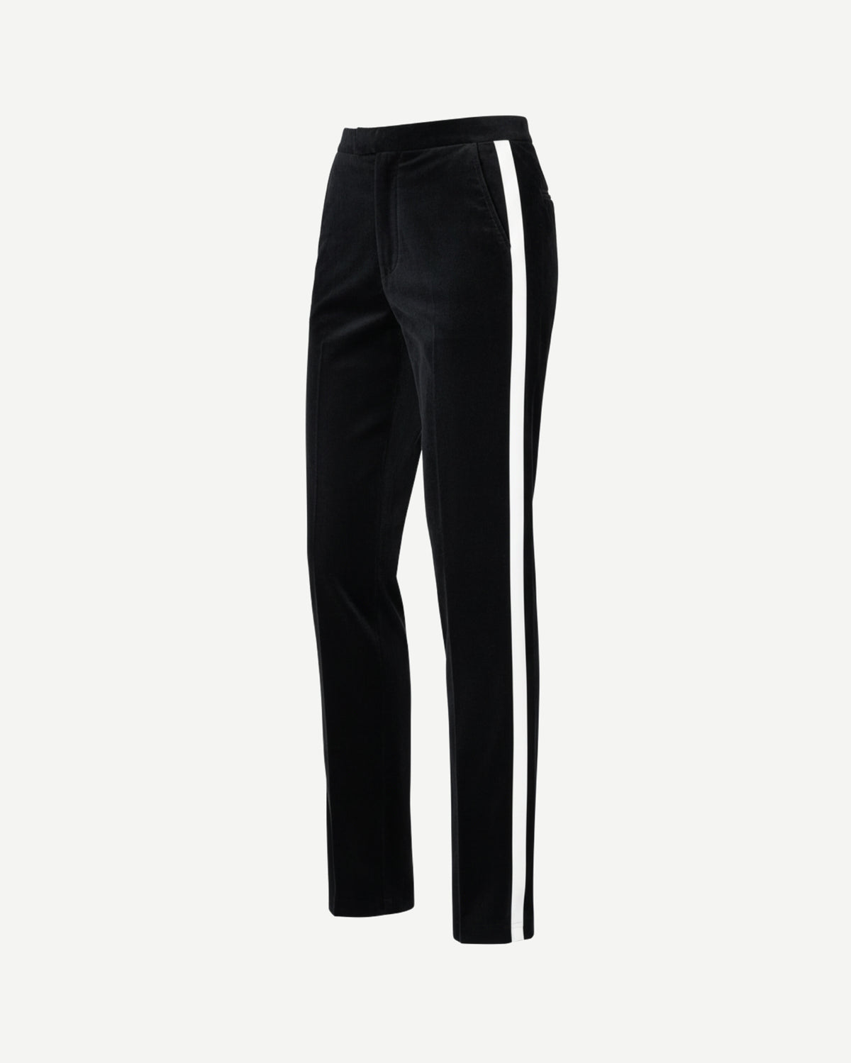 Tailory black velvet straight-leg track trousers back view