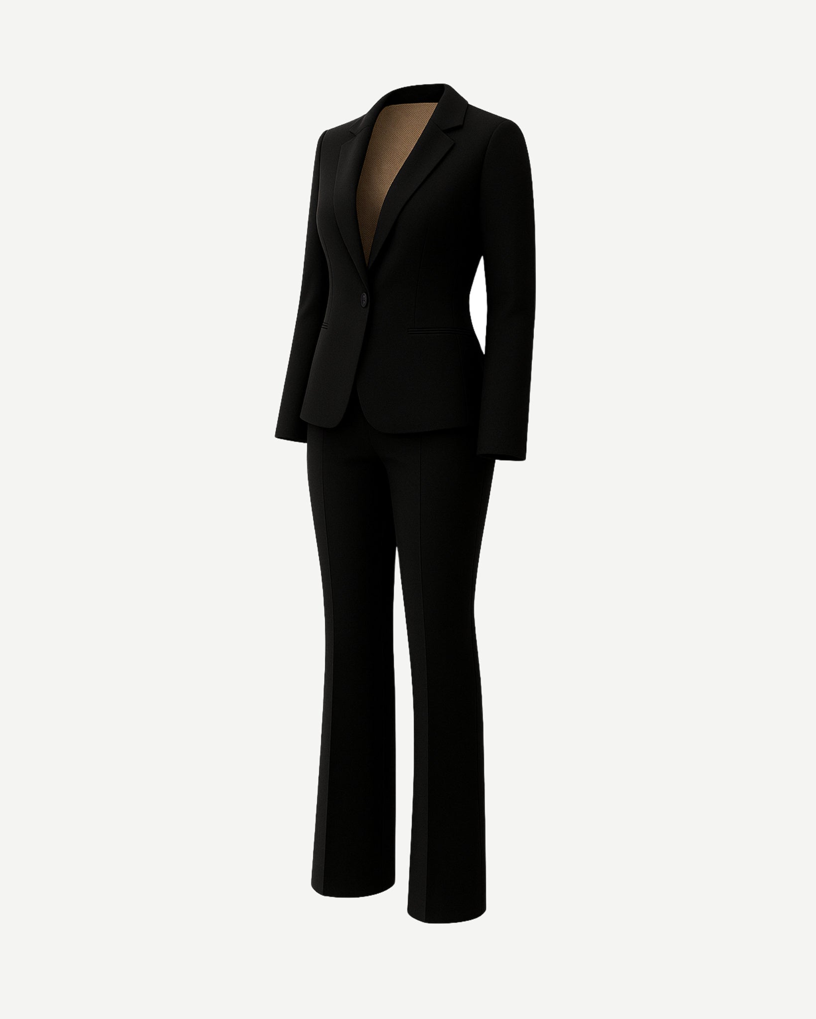 Tailory black bridal two-piece wedding suit with satin lapels side view