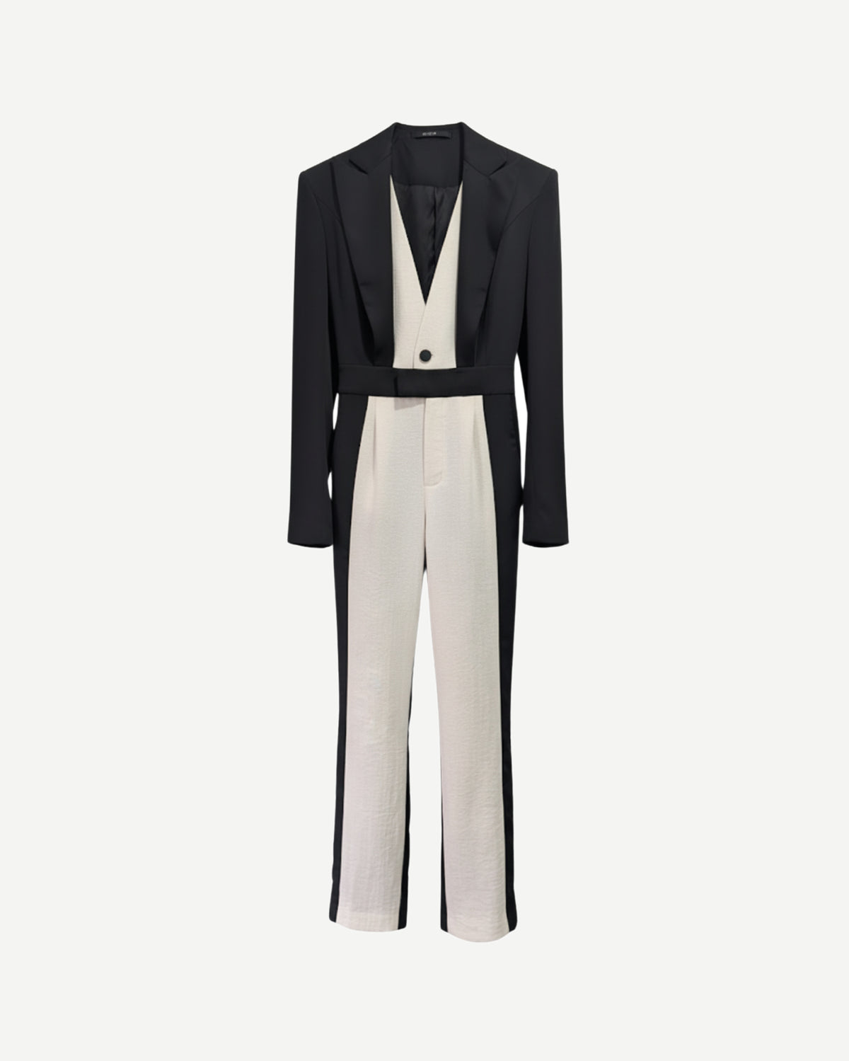 Tailory black/white stripe jumpsuit with contrast front panel front view