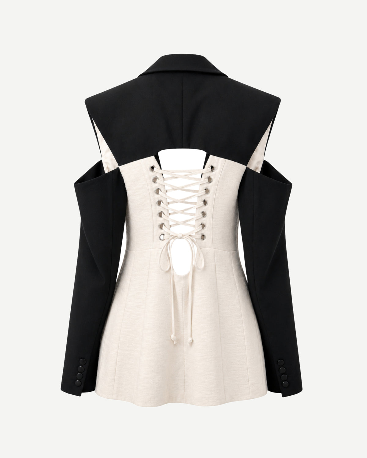 Black and white jacket with lace-up front on a white background