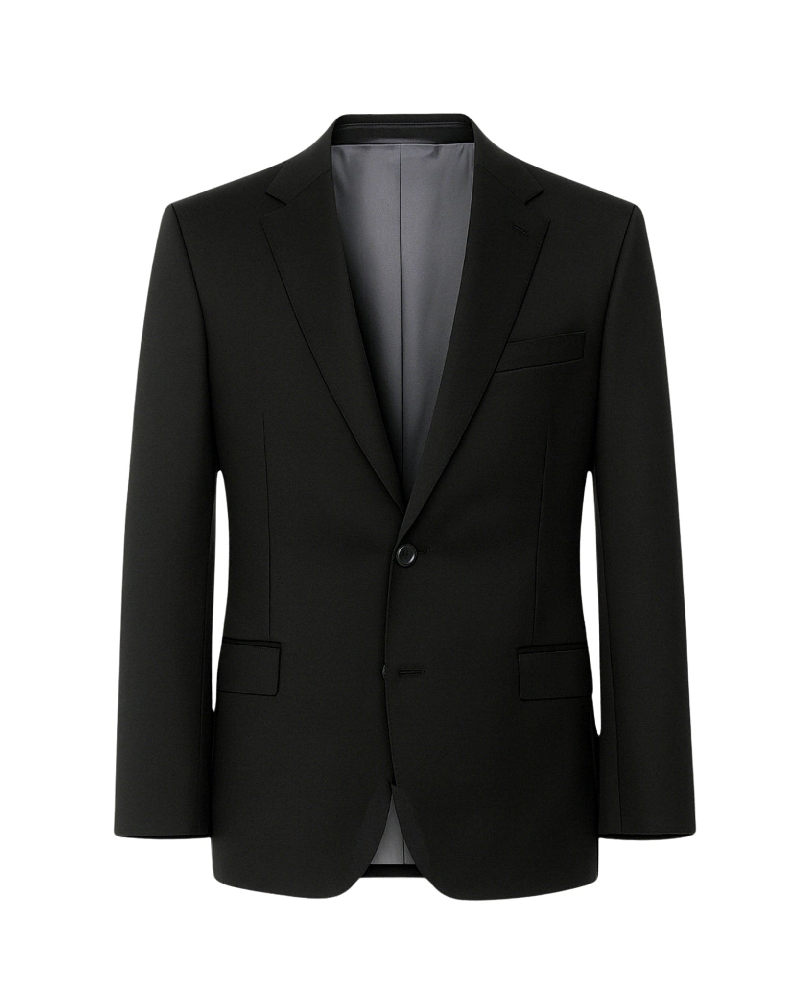 Black Wool Blazer Formal Single Button Evening Jacket featuring a tailored silhouette with structured shoulders, notch lapels, single button closure, and smooth grey lining for refined formalwear.