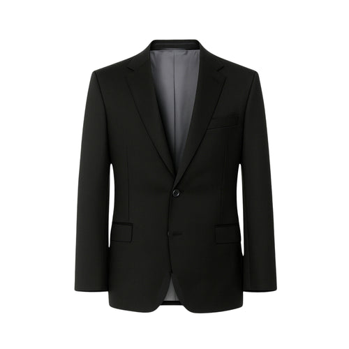 Black Wool Blazer Formal Single Button Evening Jacket featuring a tailored silhouette with structured shoulders, notch lapels, single button closure, and smooth grey lining for refined formalwear.