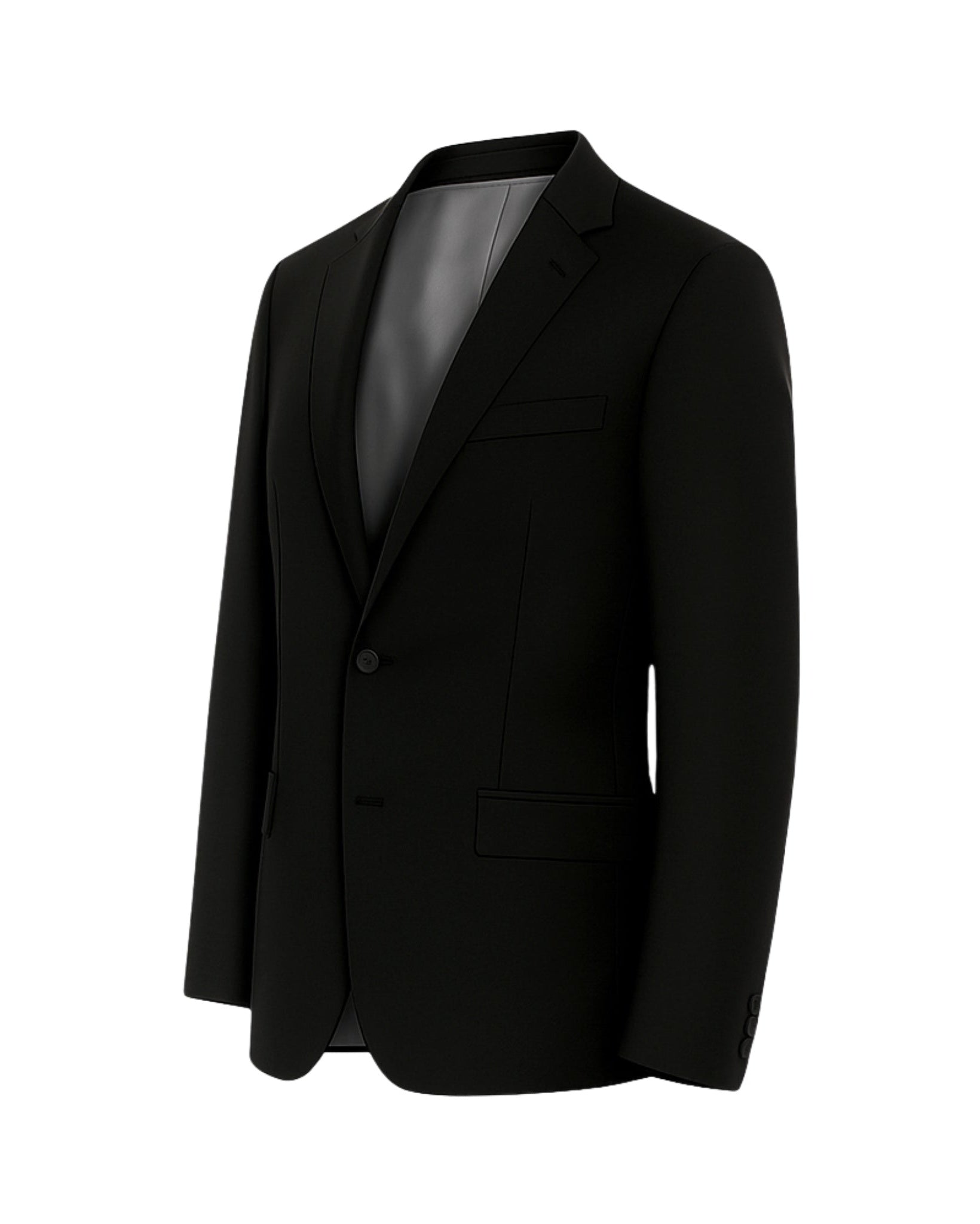 Black Wool Blazer Formal Single Button Evening Jacket in refined wool fabric, featuring a tailored fit with notch lapels, single button closure, and smooth grey lining for sophisticated formalwear.