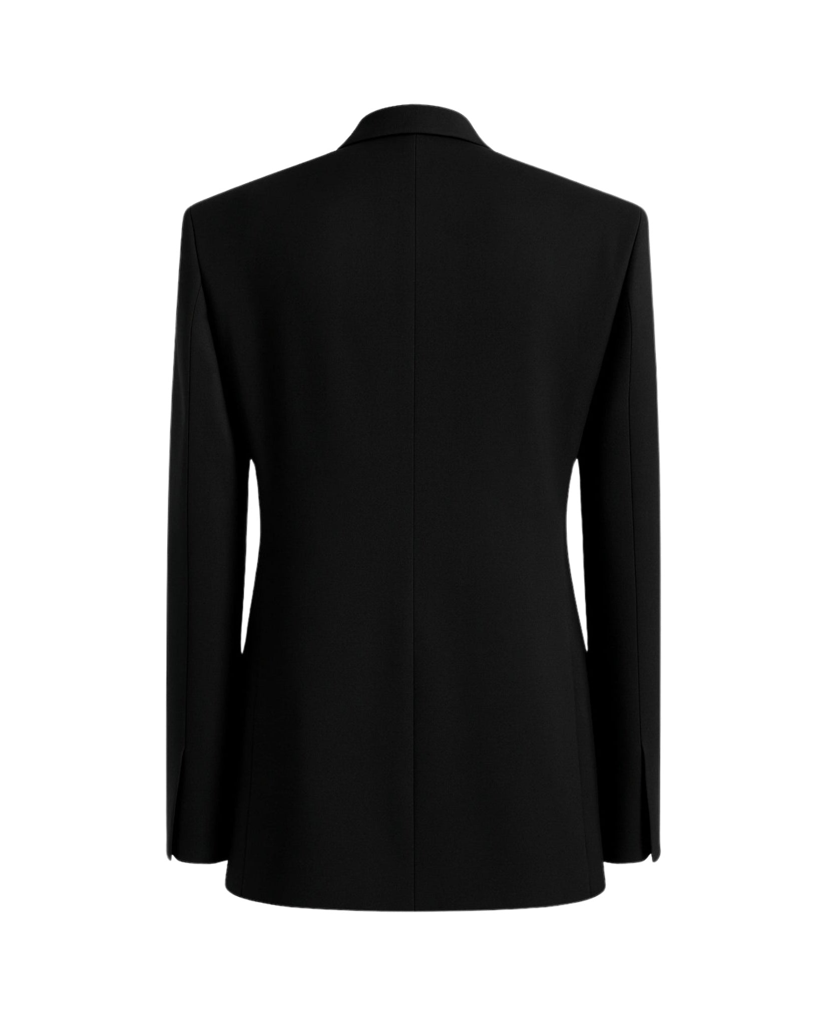 Black Wool Blazer Formal Single Button Evening Jacket shown from the back, featuring a tailored fit with clean lines, structured shoulders, and long sleeves in refined wool fabric.