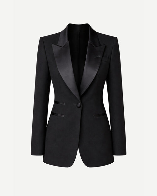Tailory black wool gabardine tuxedo jacket with satin peak lapels front view