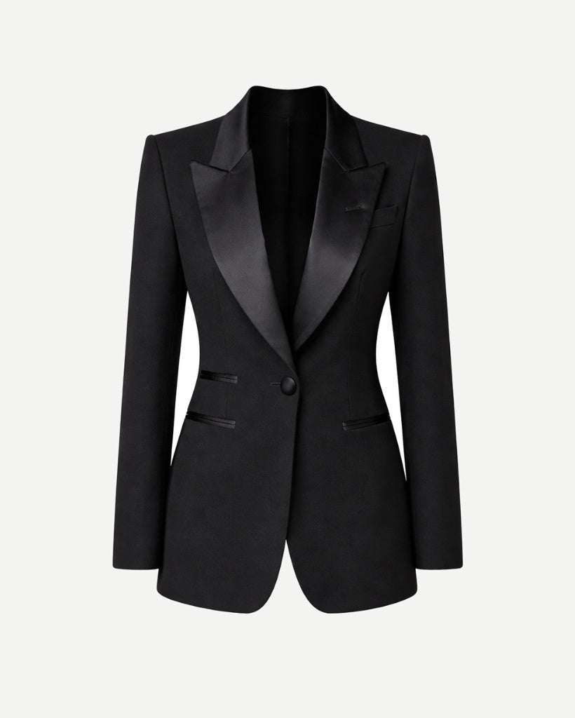 Tailory black wool gabardine tuxedo jacket with satin peak lapels front view