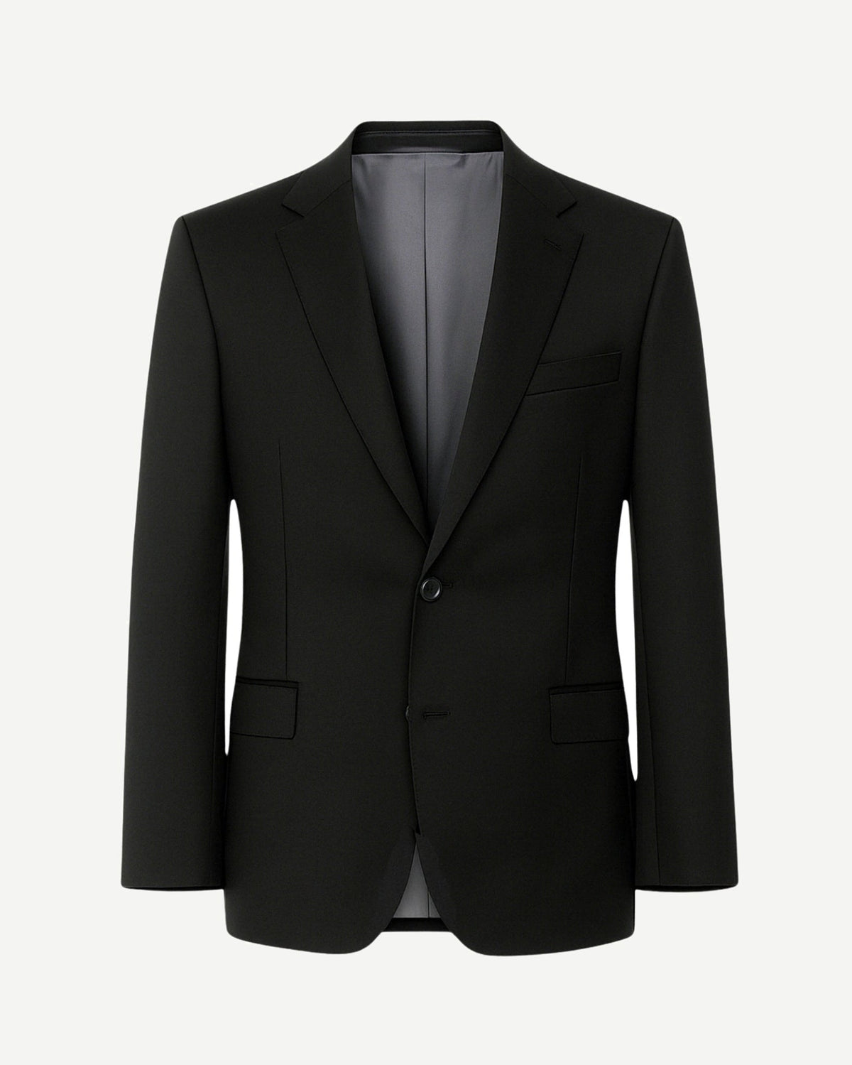 Black Wool Blazer Formal Single Button Evening Jacket featuring a tailored silhouette with structured shoulders, notch lapels, single button closure, and smooth grey lining for refined formalwear.