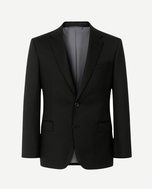 Black Wool Blazer Formal Single Button Evening Jacket featuring a tailored silhouette with structured shoulders, notch lapels, single button closure, and smooth grey lining for refined formalwear.