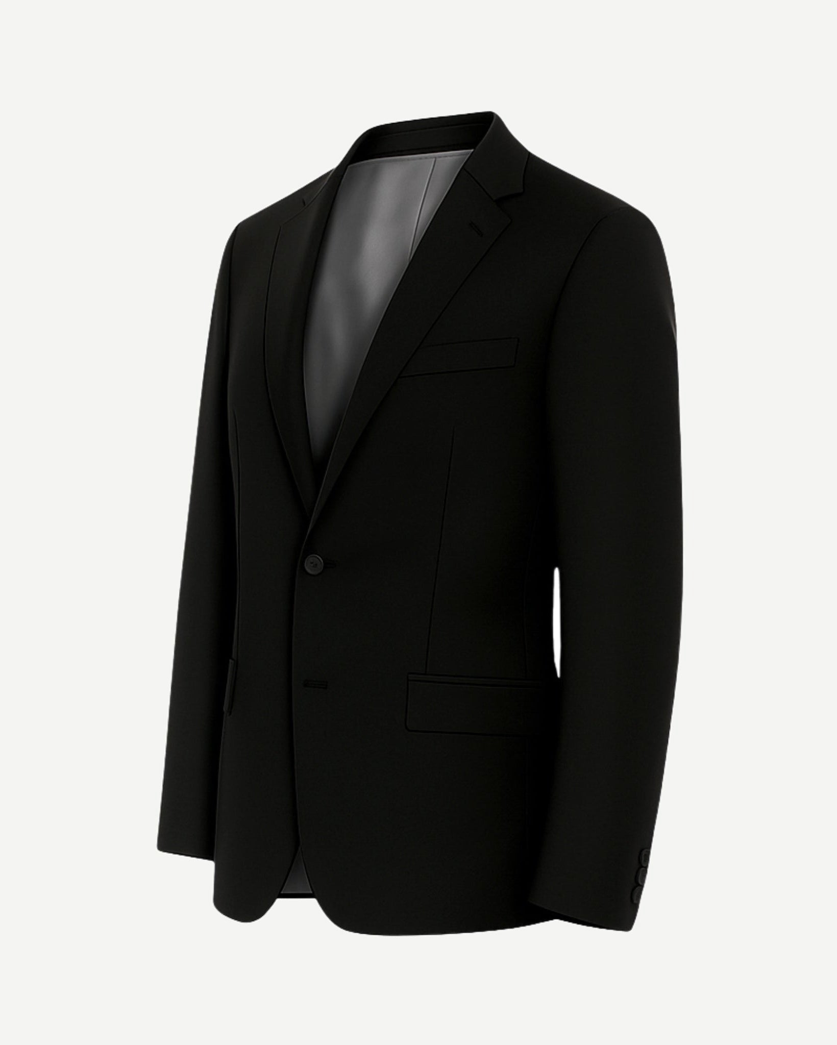Black Wool Blazer Formal Single Button Evening Jacket in refined wool fabric, featuring a tailored fit with notch lapels, single button closure, and smooth grey lining for sophisticated formalwear.